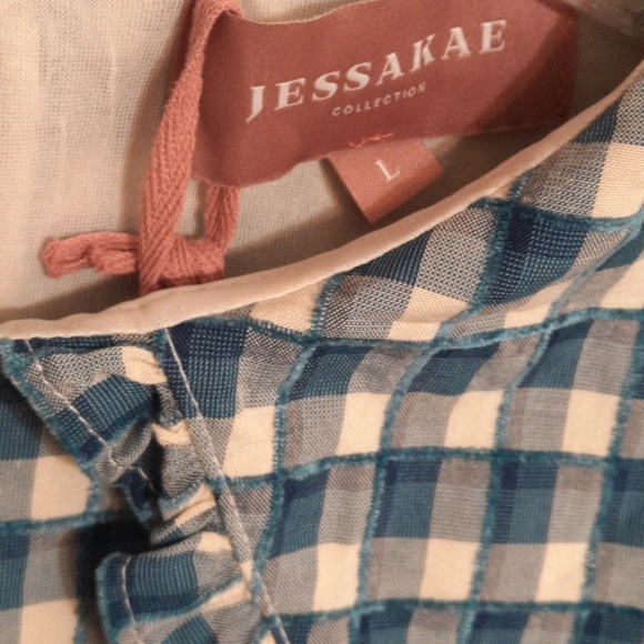 JESSAKAE Blue Gingham Plaid Dress Collar Puff Sleeve Textureed Cottage Country L - Picture 5 of 6